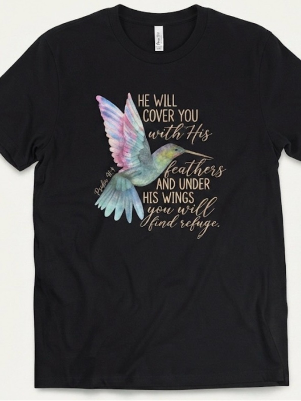 Love in  Black Short Sleeve Tee with Pastel Hummingbird and Inspirational Scrip.